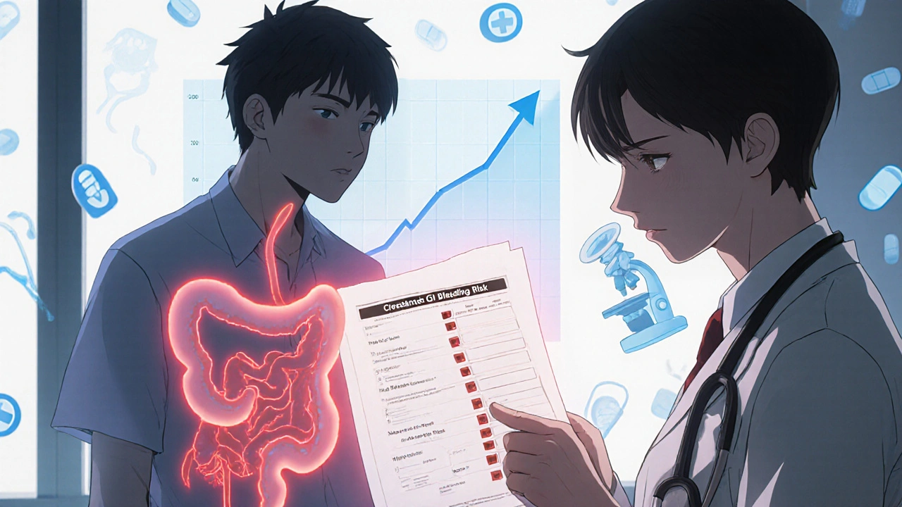 Doctor showing blood test results to patient, with glowing kidney and intestine damage behind them.