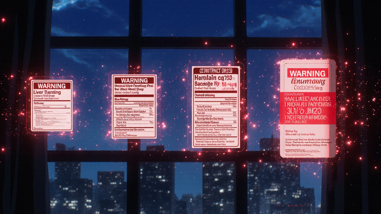 Generic drug label transforming to match brand-name label with glowing warning text.