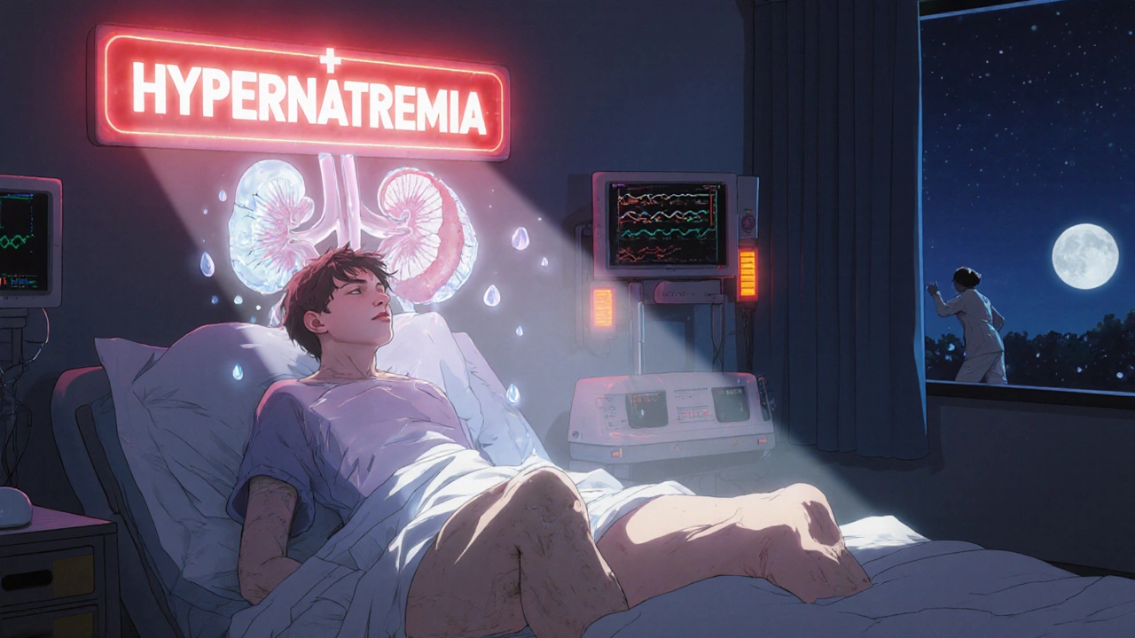 Hospital patient with hypernatremia warning, kidneys unable to retain water under moonlight.