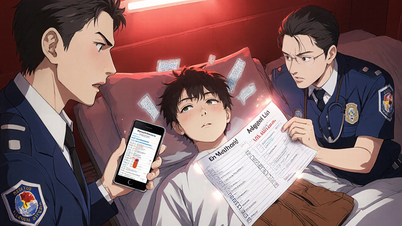 Paramedics reacting to a collapsed person, showing a printed medication list from their wallet.