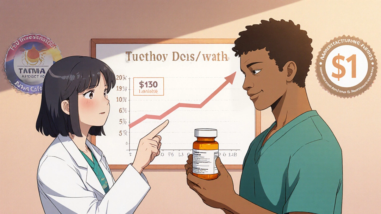 Patient and pharmacist at pharmacy counter, with cost savings chart and FDA inspection badges in background.