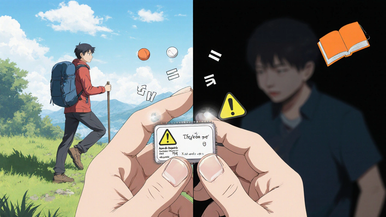 Patient holding thyroid pill with split-screen showing health vs. side effects, representing narrow therapeutic index risks.