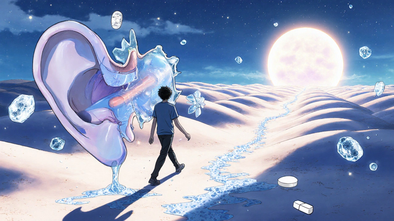 Person walking on rocking ground with floating symbols of Meniere’s treatments.