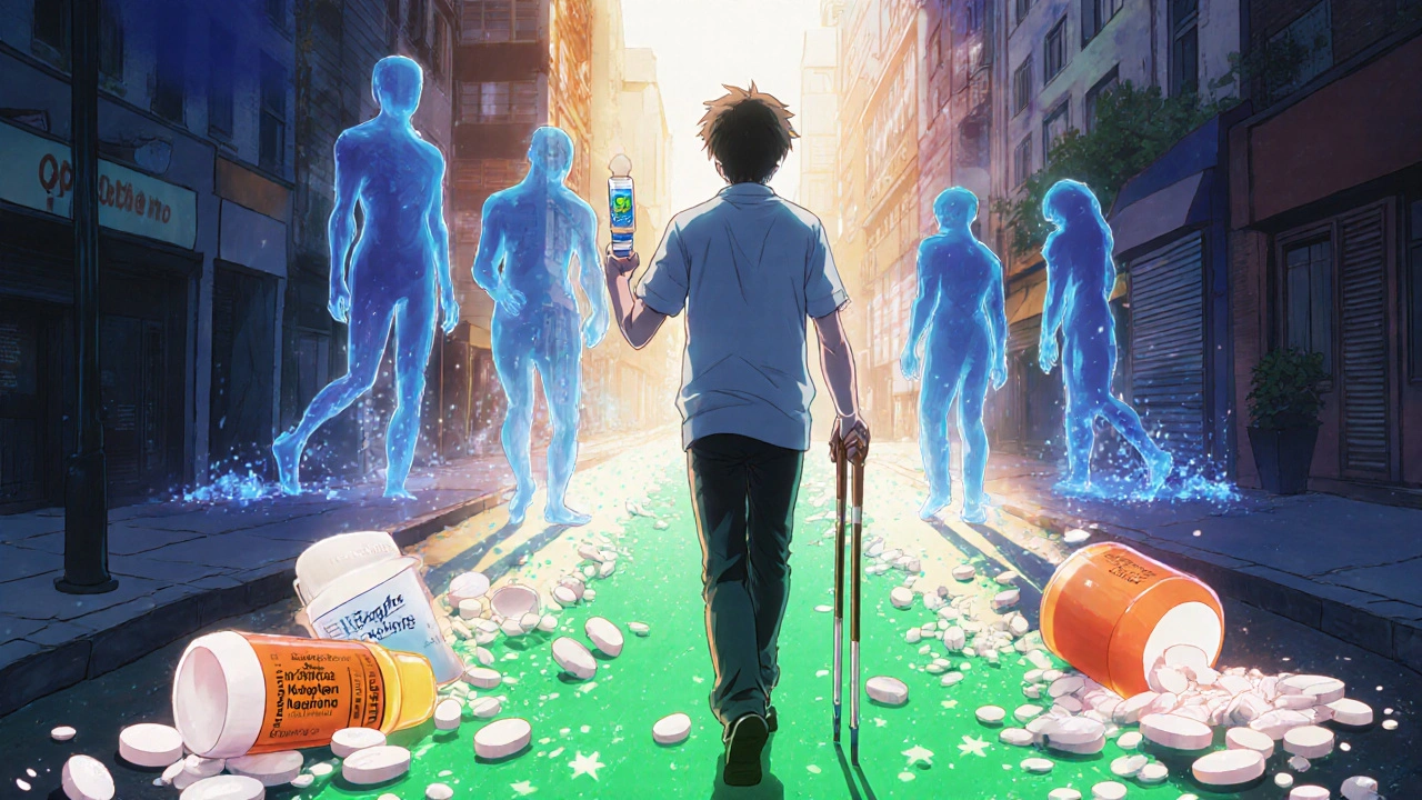 Person walking toward healthy alternatives, crumbling NSAID pills fading behind them.