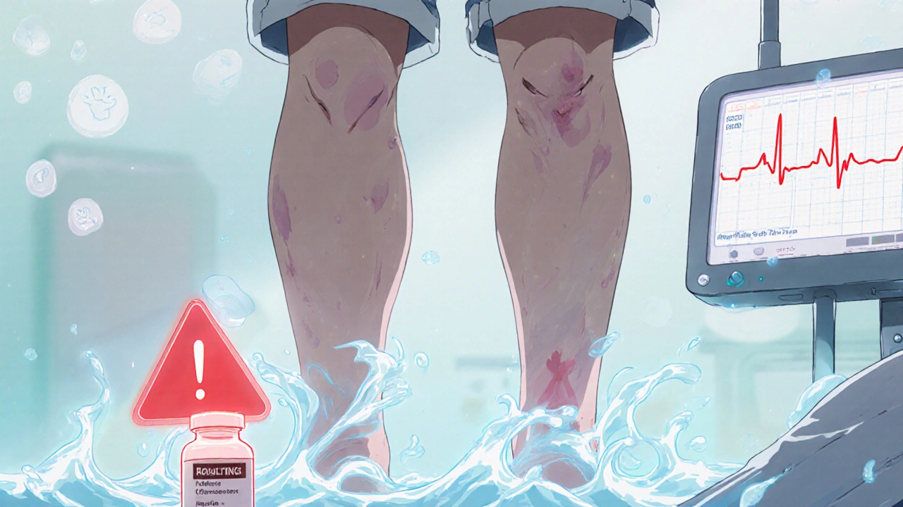 Person with swollen legs and labored breathing beside insulin and rosiglitazone bottles, fluid rising around them.