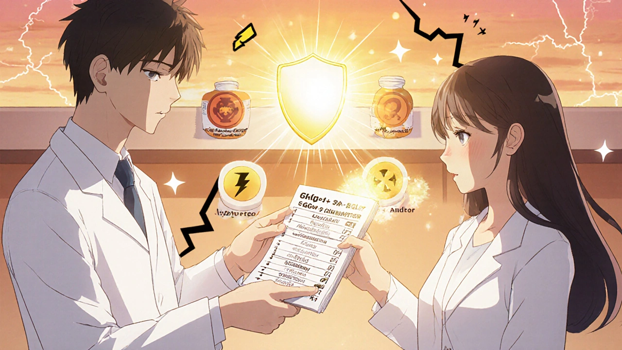 Pharmacist handing safe diabetes medication combo while dangerous pairs crackle with lightning in background.