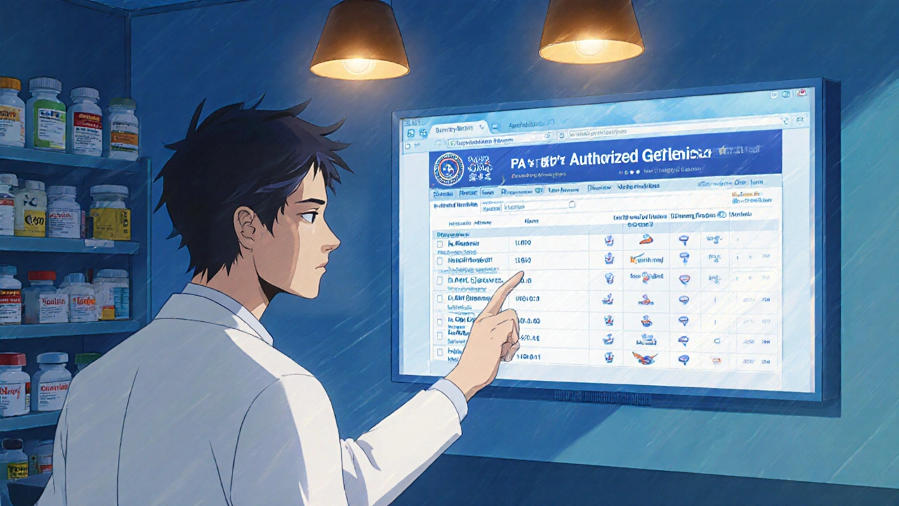 Pharmacist showing FDA authorized generics list on screen to a curious patient.