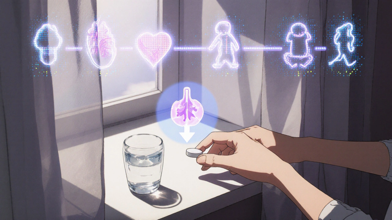 Pill on windowsill beside water, animated thyroid dropping from 3.5 to 1.8 with pregnancy timeline