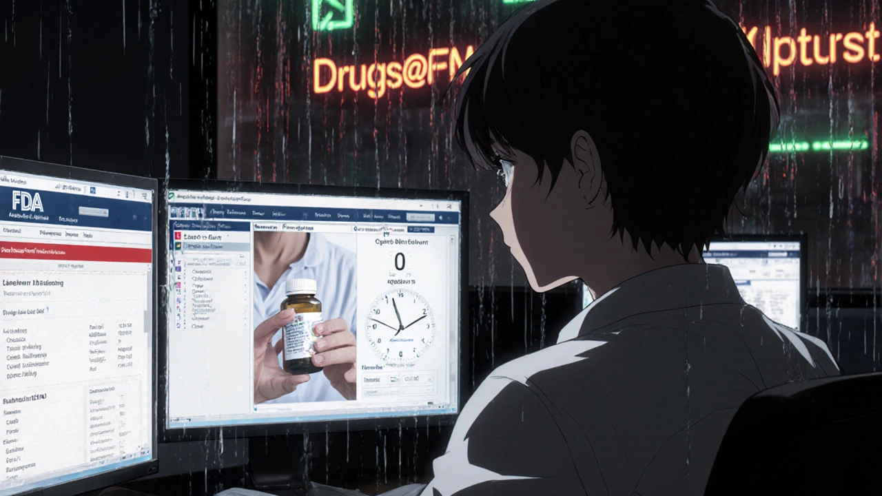 Regulatory specialist monitoring FDA label updates on glowing screens at night.