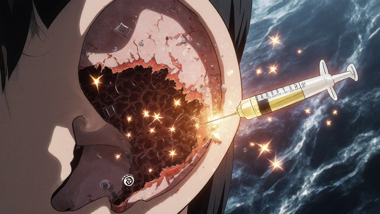 Scarred endolymphatic sac with inflammatory particles and a steroid injection.