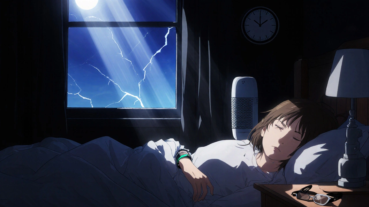 Someone sleeps in a dark room during the day with blackout curtains and a sleep tracker.