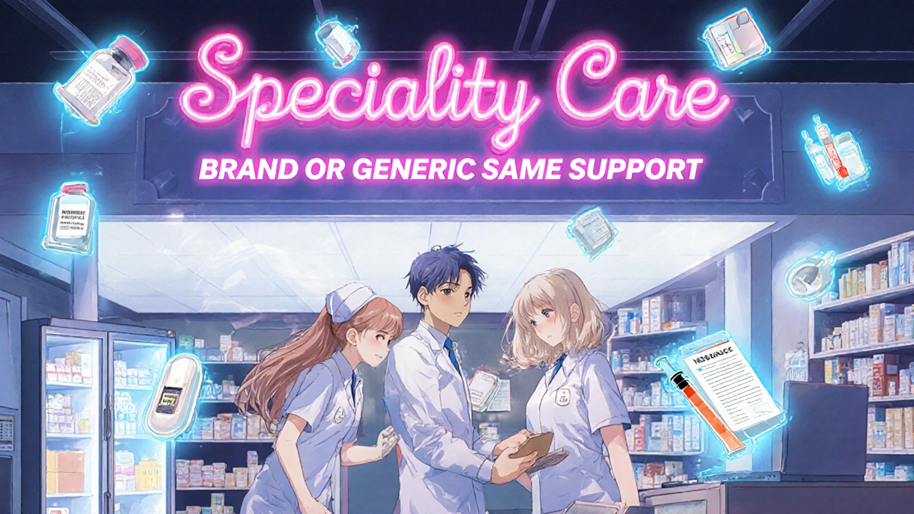 Specialty pharmacy team working together with icons of medical supplies and insurance forms floating around them.