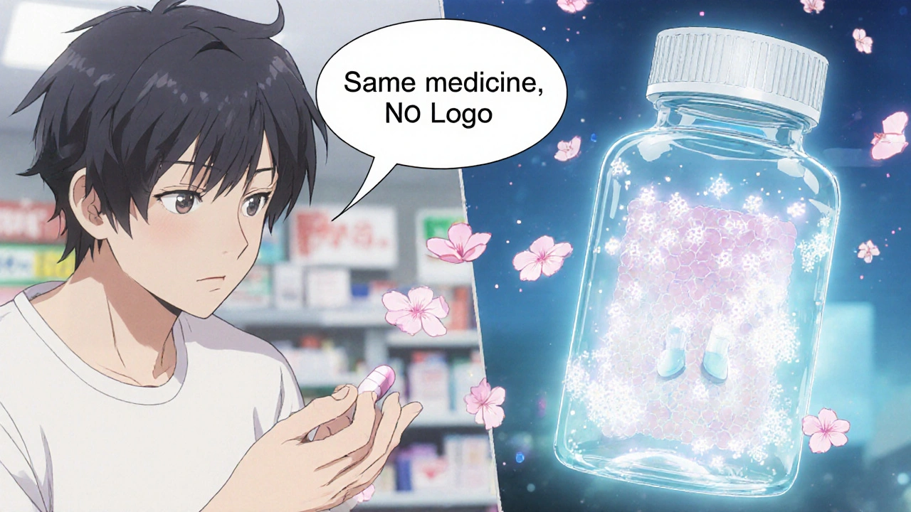 Split-panel image of same pill in branded and generic packaging with glowing ingredients.