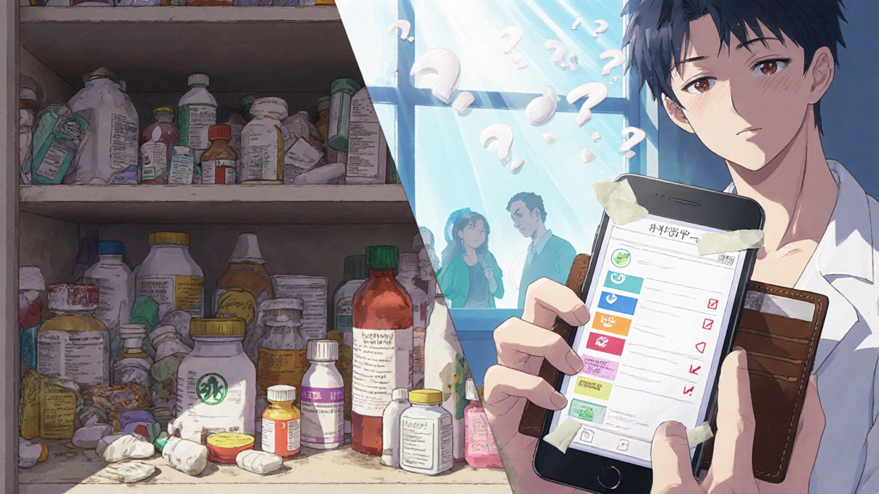 Split scene: messy medicine cabinet vs. organized medication list in wallet with app overlay.