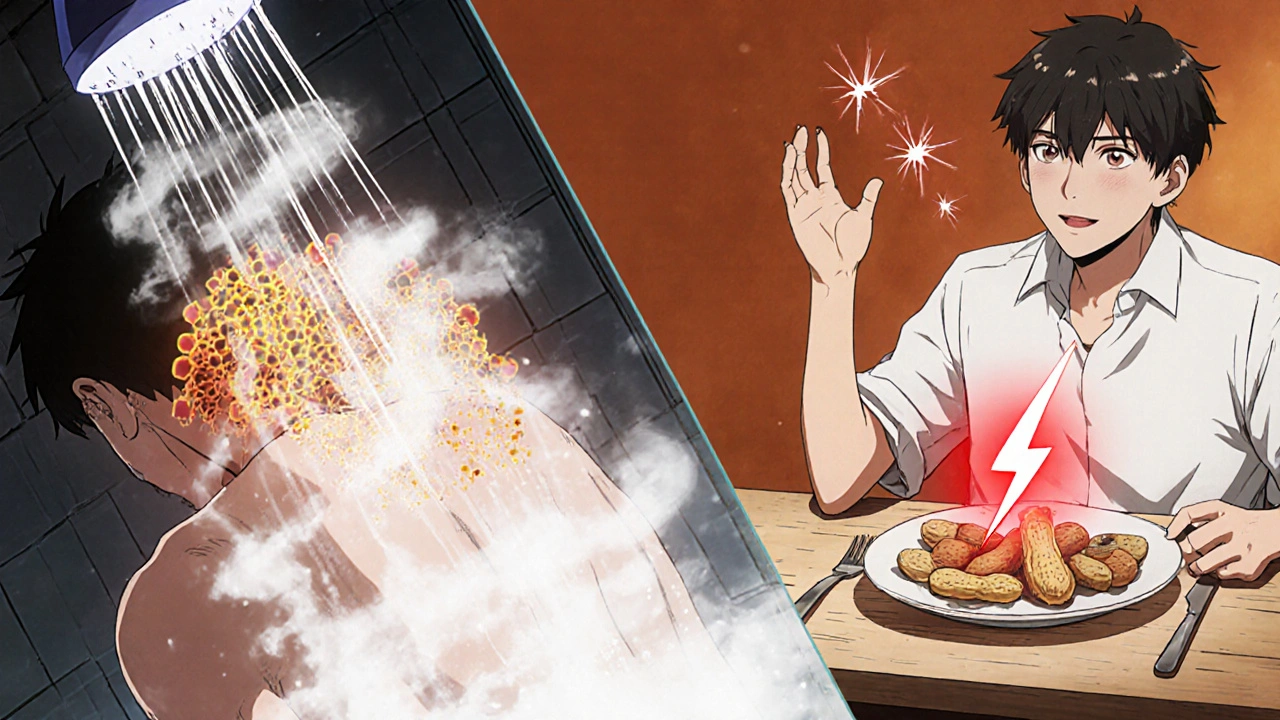 Split scene of someone developing hives from a hot shower and from eating peanuts.