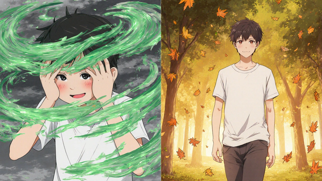 Split scene: one side shows illness with side effects, the other shows calm walking in a park with glowing neural pathways.