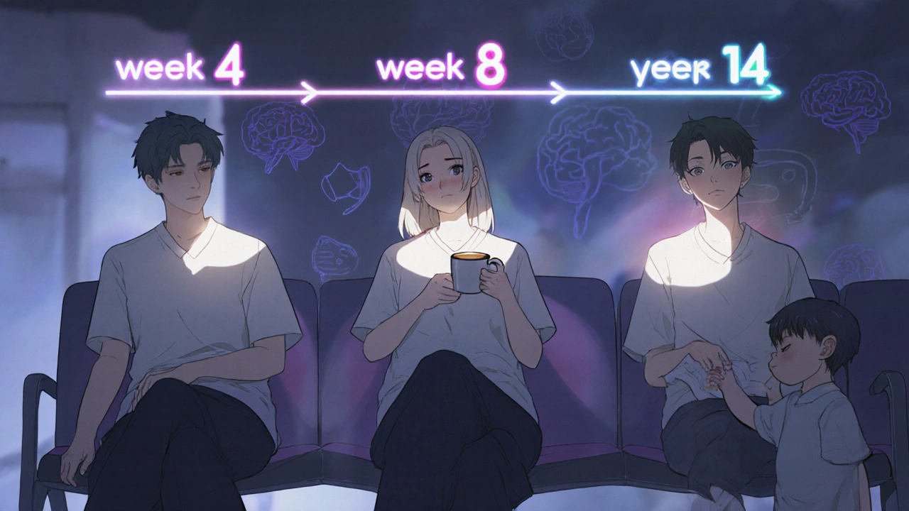 Three people in a waiting room with personalized timelines above their heads, each showing different stages of improvement.