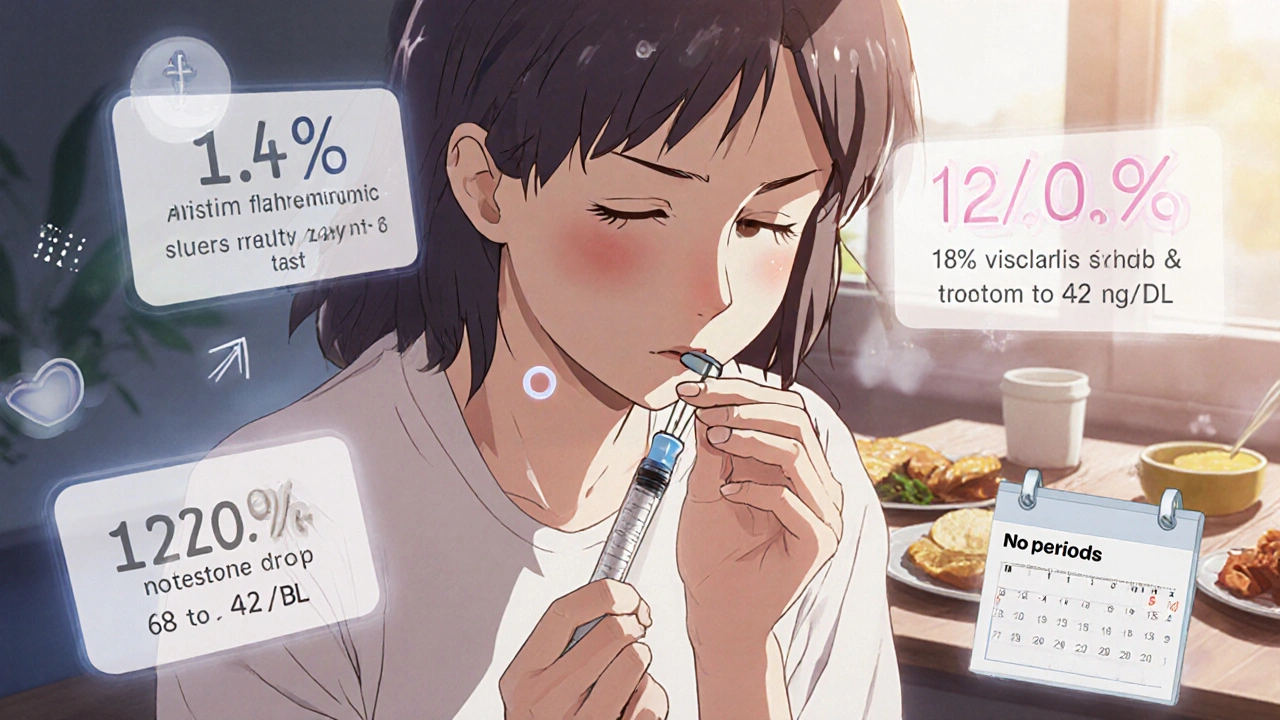 Woman injecting GLP-1 medication with floating data showing weight loss and hormone improvements, determined expression.