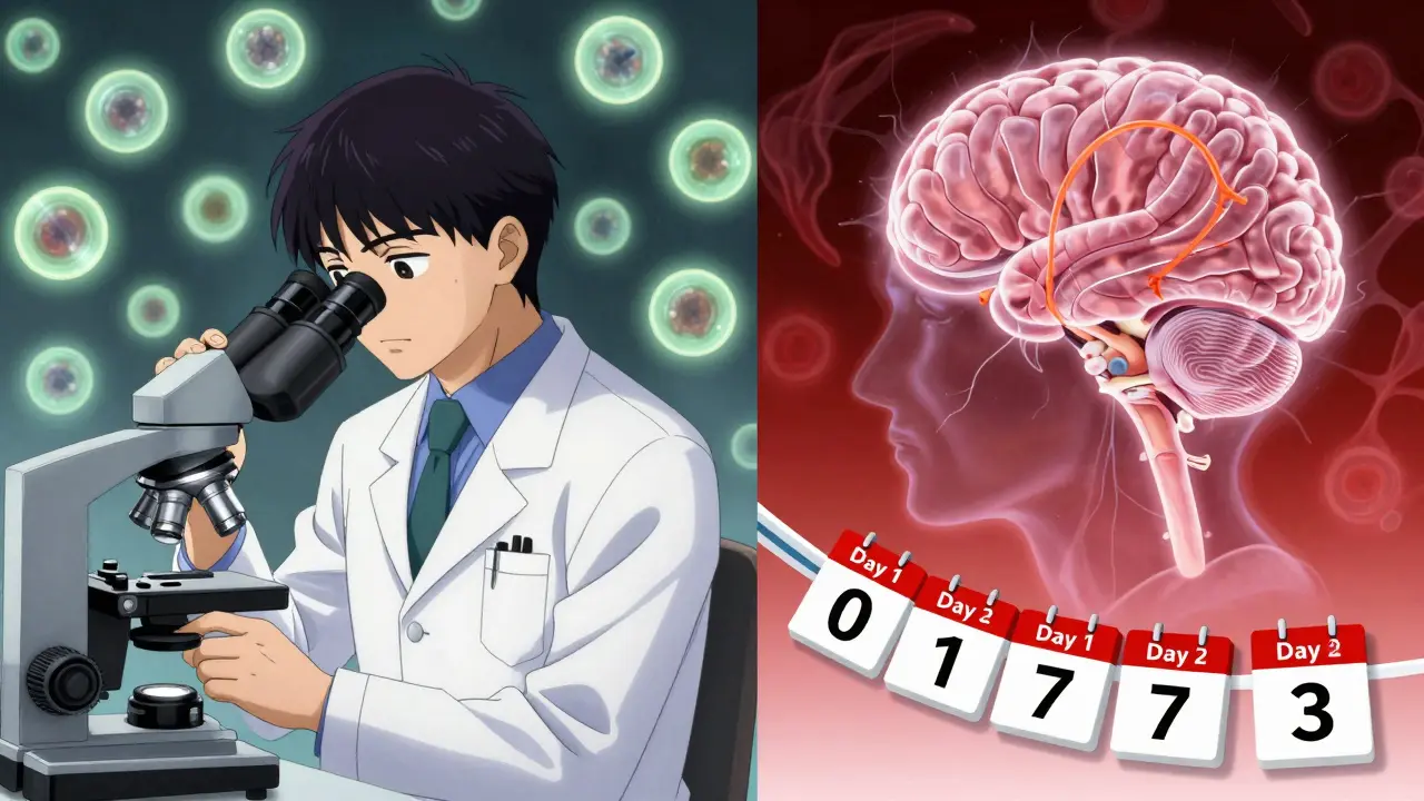 A doctor examines spinal fluid under a microscope while an immune storm attacks the brain and spine, with a timeline showing rapid symptom onset.