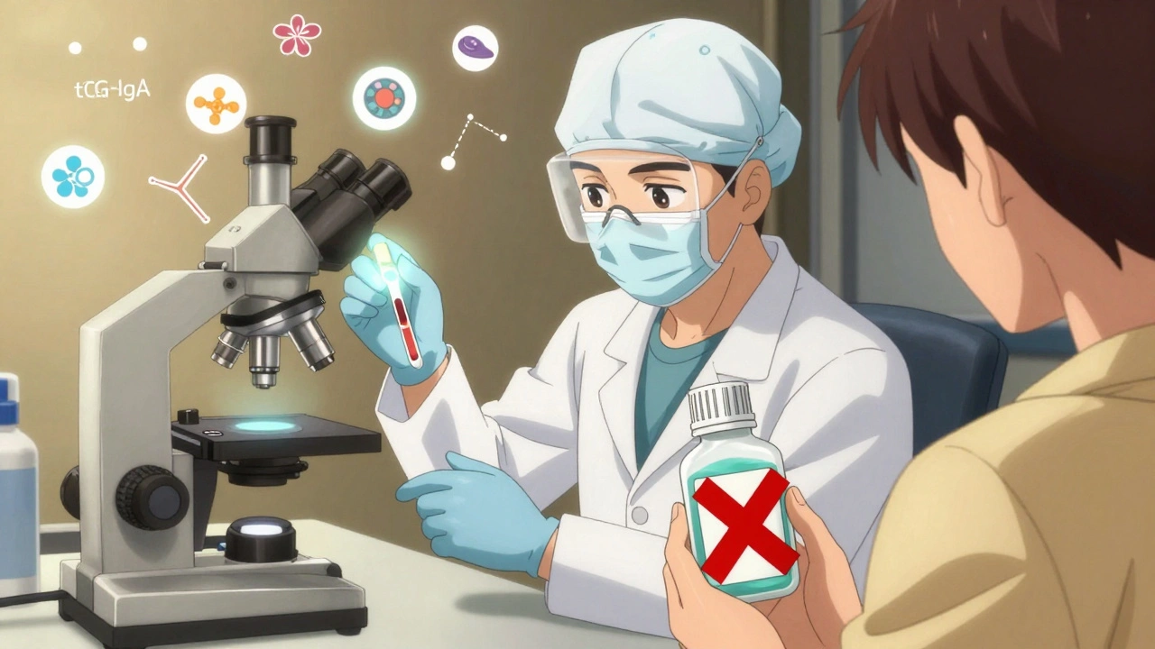 A doctor examining a stool sample with floating medical test icons, while a patient holds a loperamide bottle with a red warning X.