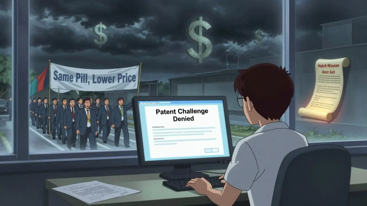 A generic worker stares at a denied patent notice as authorized generics parade past, storm clouds shaped like dollar signs loom.
