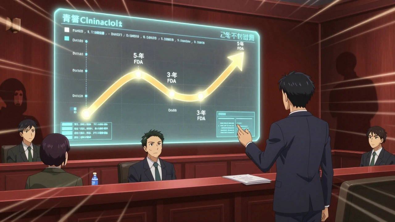A lawyer argues in court as a holographic timeline shows drug approval delays and patent extension.