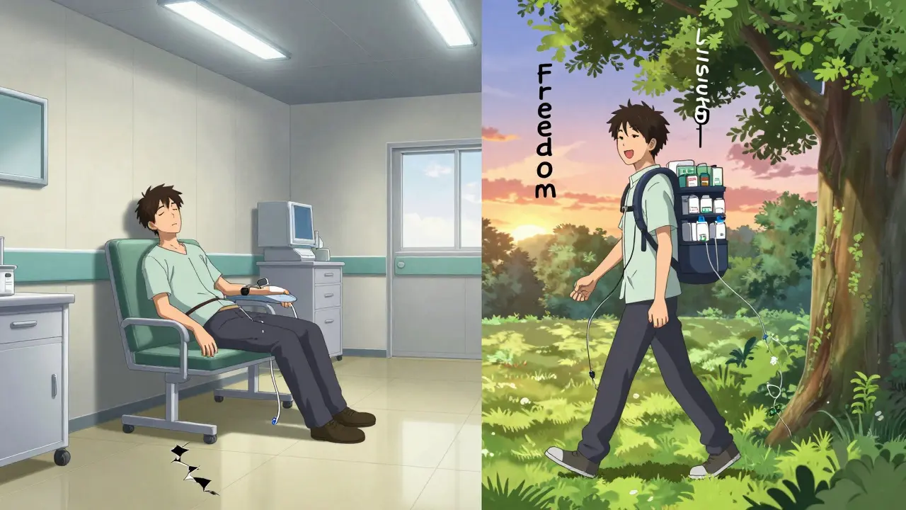 A man transitioning from clinic-based dialysis to independent peritoneal dialysis outdoors at sunset.