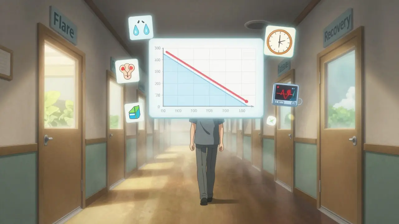 A medical chart with declining steroid dosage floats amid symbols of symptoms, guiding a figure toward recovery through a misty hallway.
