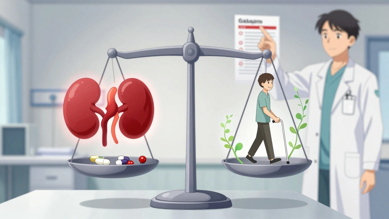 A medical scale balancing symbols of pain medications, with warning icons on one side and a walking patient on the other.