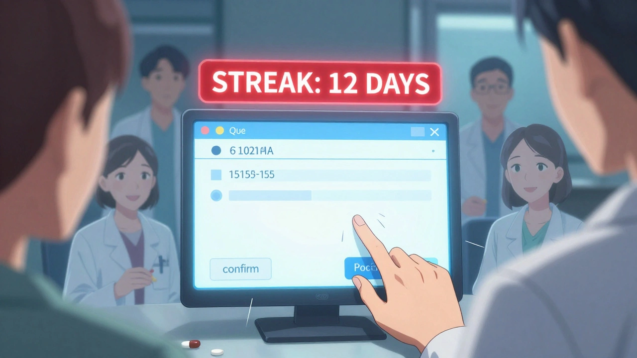 A patient hesitating to confirm a default prescription on a digital health screen, with ghostly figures of others taking pills.