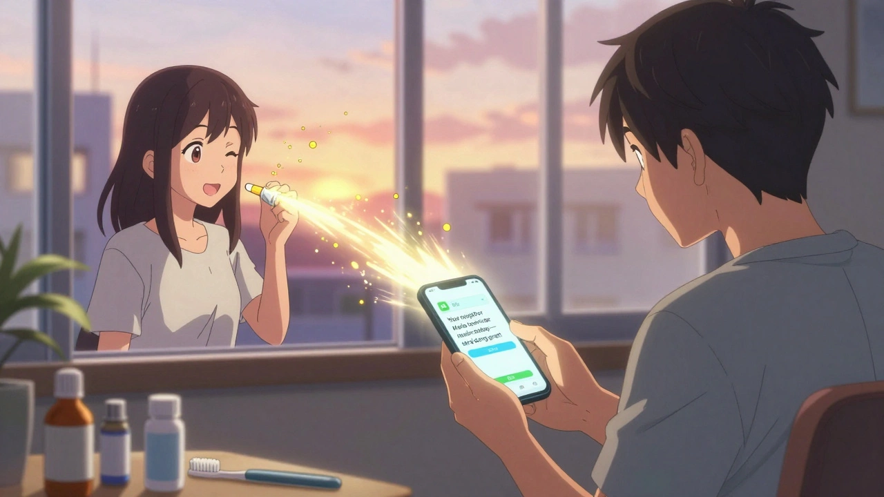 A patient receives a motivational text about a neighbor taking insulin, with glowing social connection trails in soft sunset light.