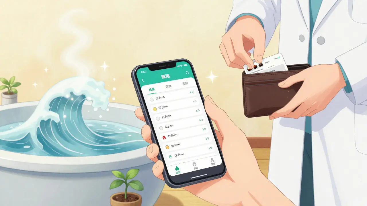 A patient uses a tapering app beside a warm bath, with steam forming a calming wave and a doctor placing a steroid alert card in their wallet.