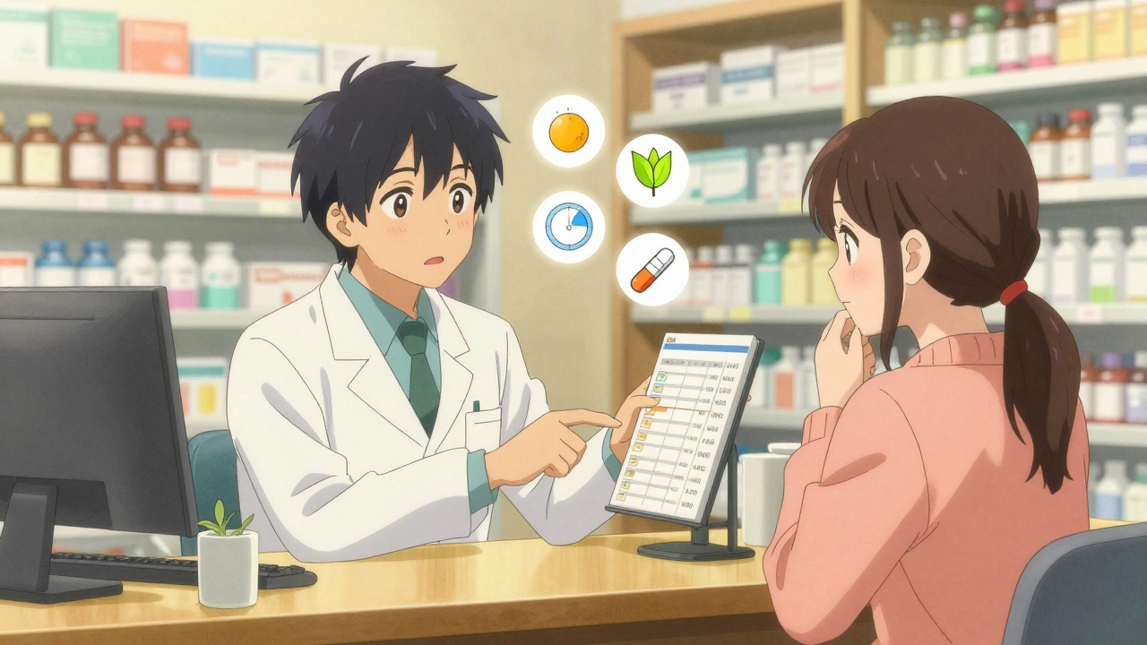 A pharmacist and patient discuss medication options at a cozy pharmacy counter with warm lighting.