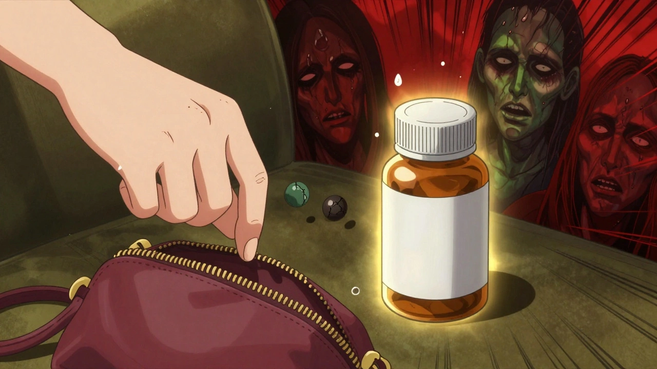 A teen pulls a counterfeit pill from a purse while a real bottle glows with a protective aura.