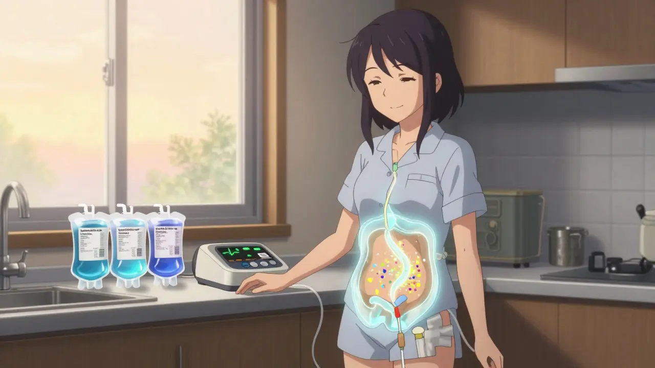 A woman performing peritoneal dialysis at home with glowing fluid filtration visualized in her abdomen.