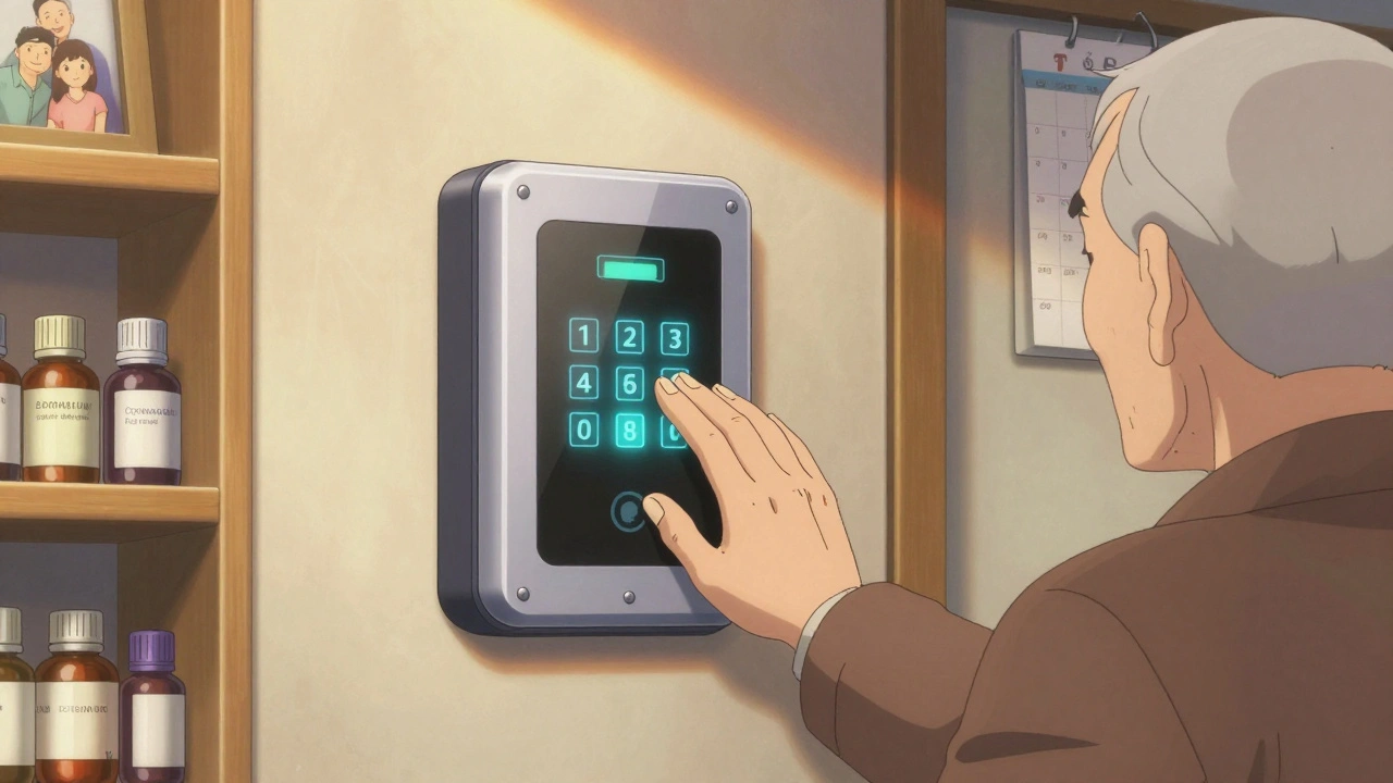 An elderly man uses a fingerprint lock on a wall-mounted medication box in a cozy bedroom.