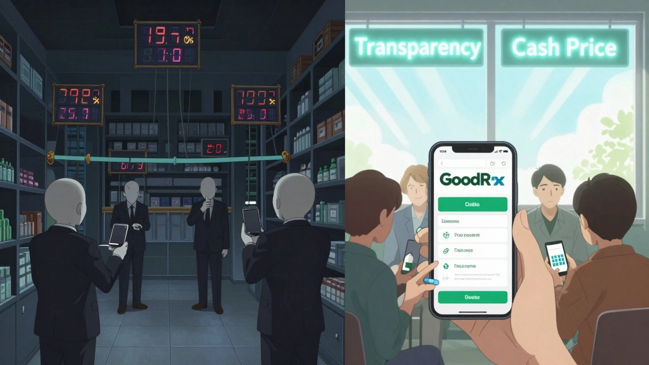 Dark maze of corporate middlemen controlling drug prices vs bright world of patients using price apps.