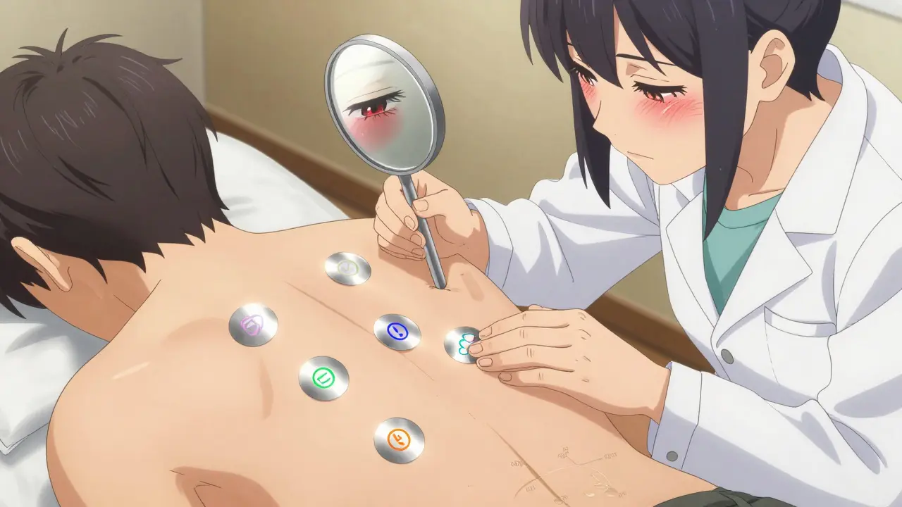 Dermatologist applying patch test discs on a patient's back, with swollen eyelid reflected in a mirror.