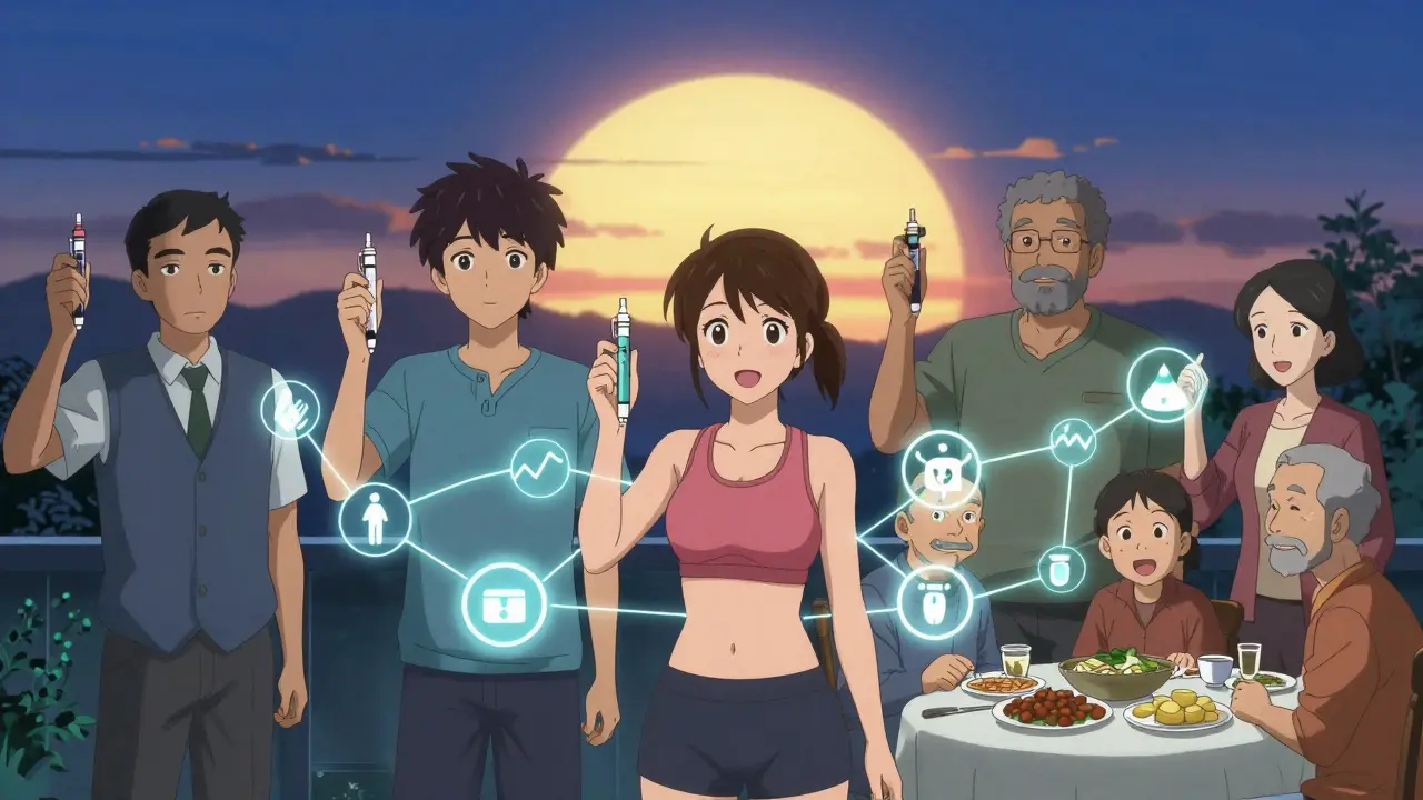 Diverse individuals using insulin in different life situations, connected by glowing blood sugar and insulin graphs under a sunrise.