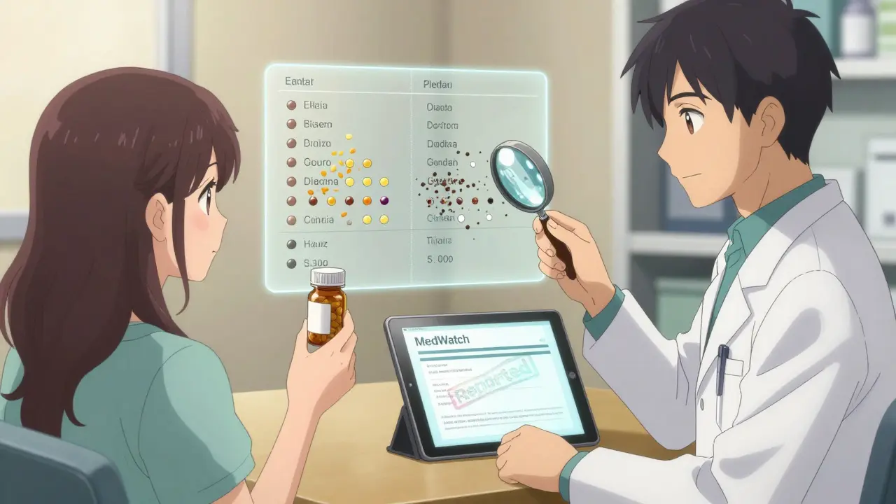 Doctor and patient reviewing a pill bottle with a magnifying glass, transparent chart showing ingredient differences.