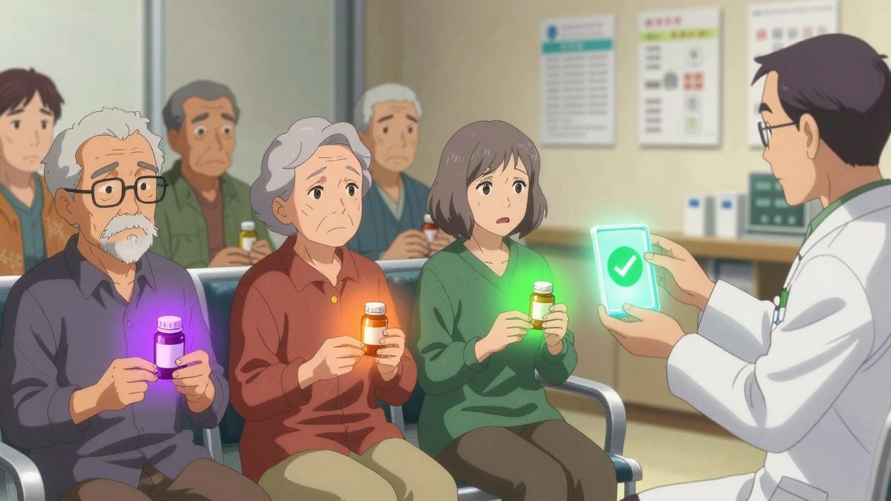 Elderly patients in clinic holding bottles with colored interaction auras, pharmacist offering help.