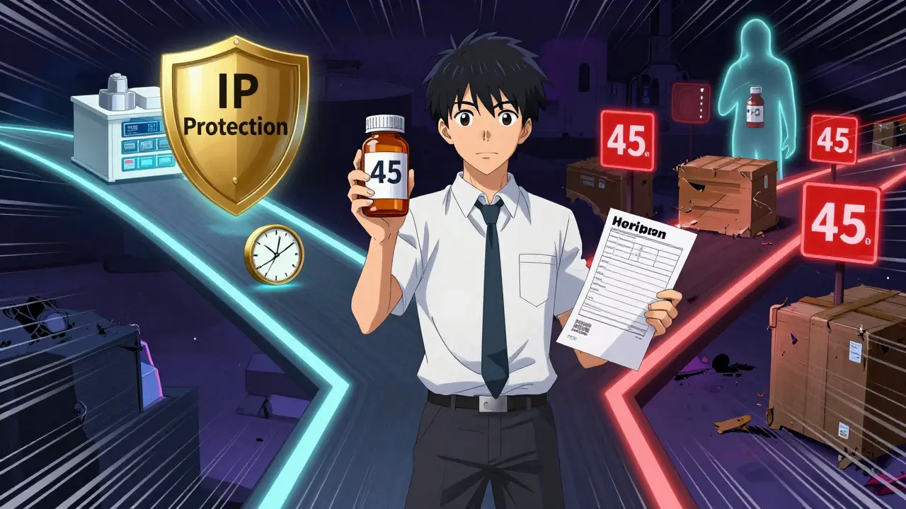 Entrepreneur at a crossroads choosing between domestic production with IP protection and overseas manufacturing with hidden risks.