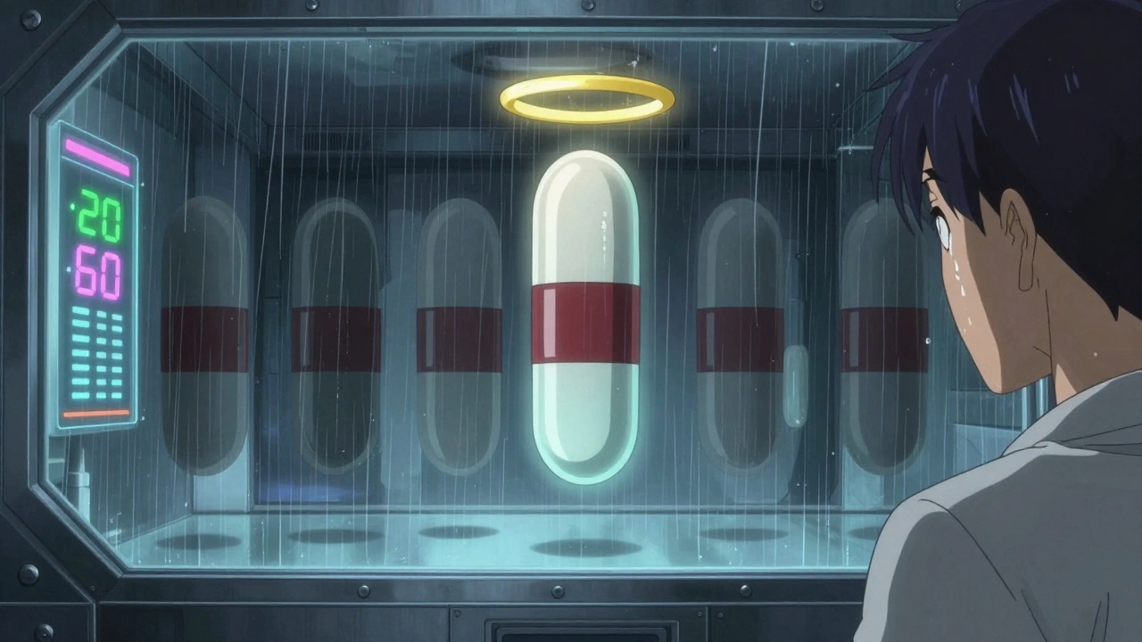Five drug molecules float in a vault, only one glows with a golden extension halo as a 60-day countdown ticks down.