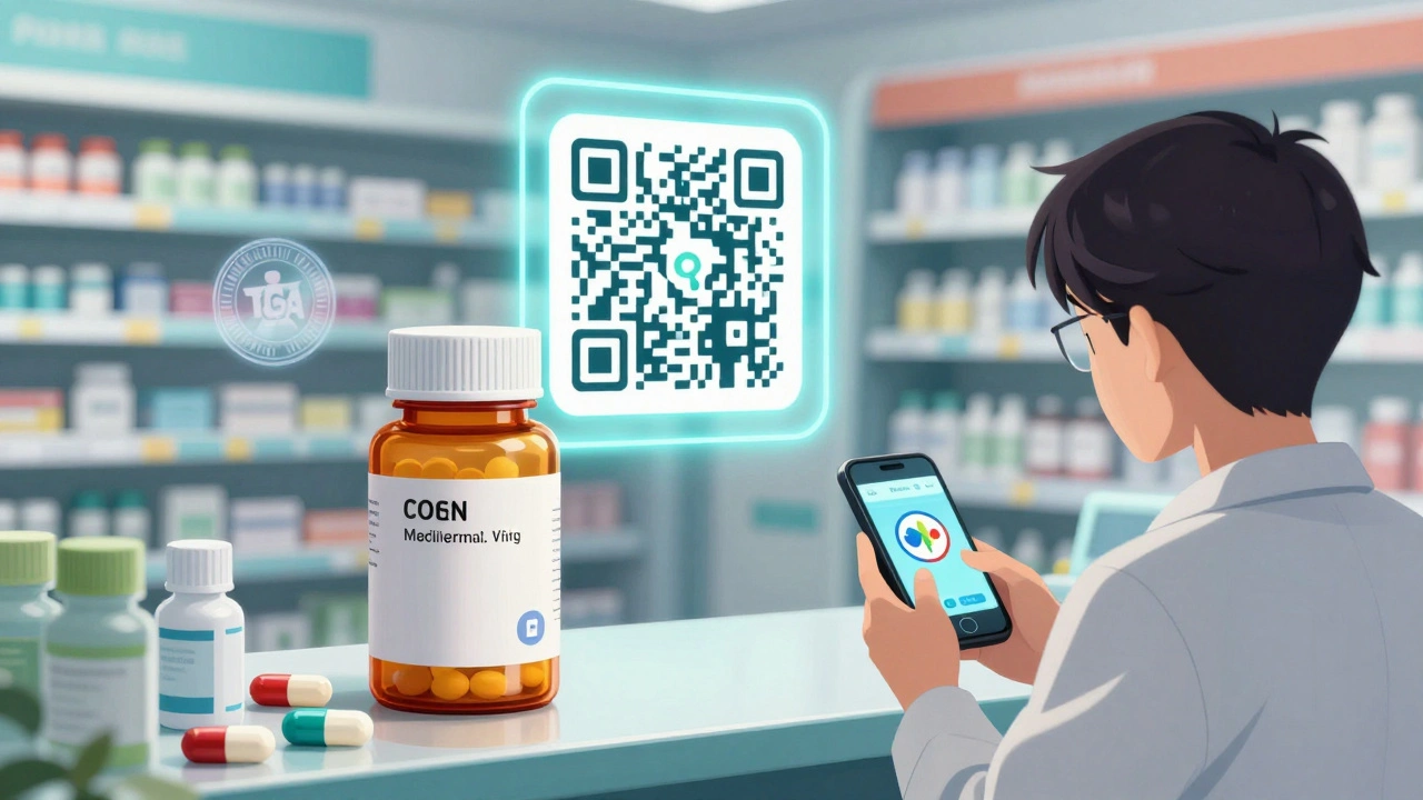 Futuristic pharmacy with QR code projecting drug equivalence animation.