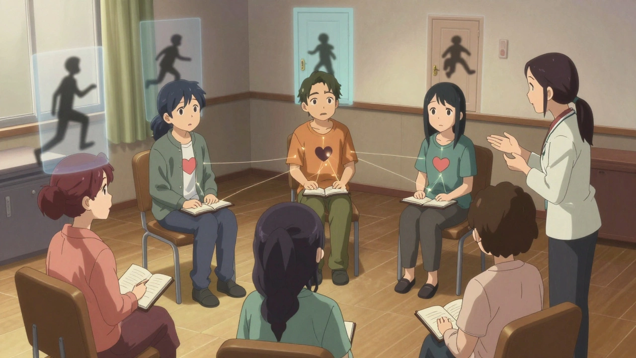 Group of people in therapy, each with their own rewritten dream visualized softly around them.