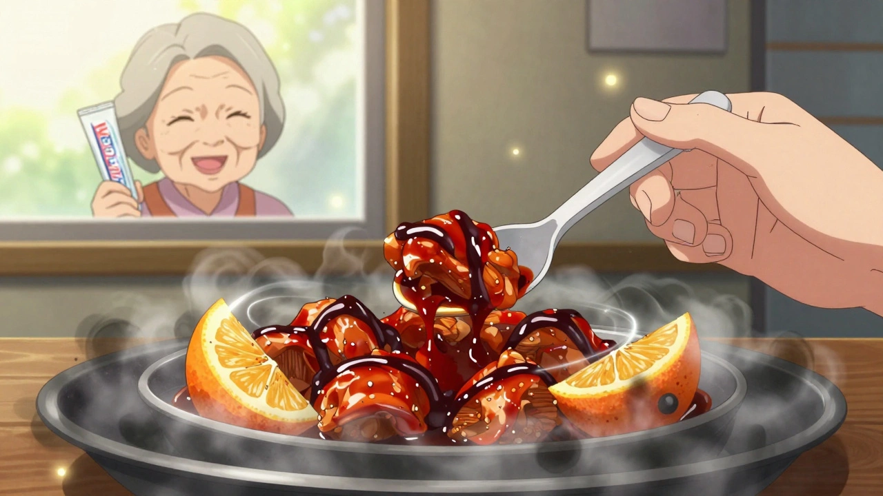 Hand using plastic spoon to eat flavorful marinated chicken, with citrus and spice aura masking metallic taste.