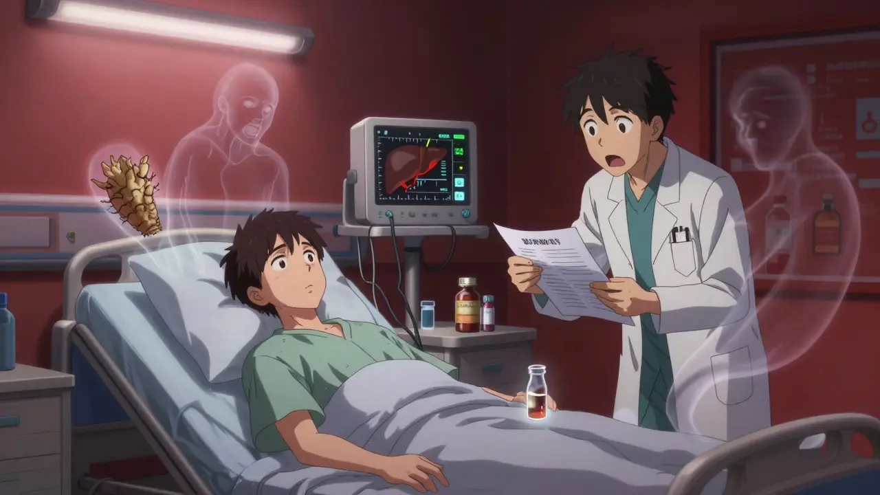 Hospital patient with liver enzyme readings and ghostly kava and drug spirits around bed.