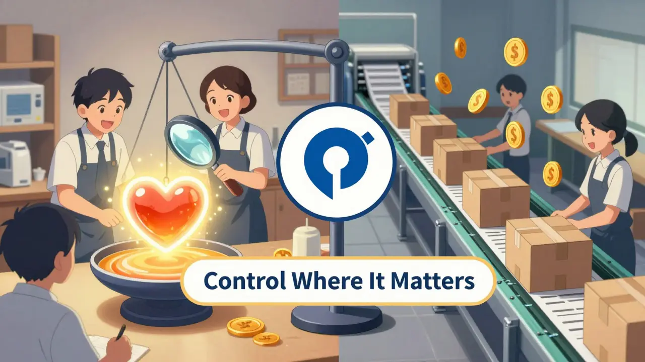 Hybrid manufacturing model shown as a balanced scale with domestic core product and overseas packaging elements.