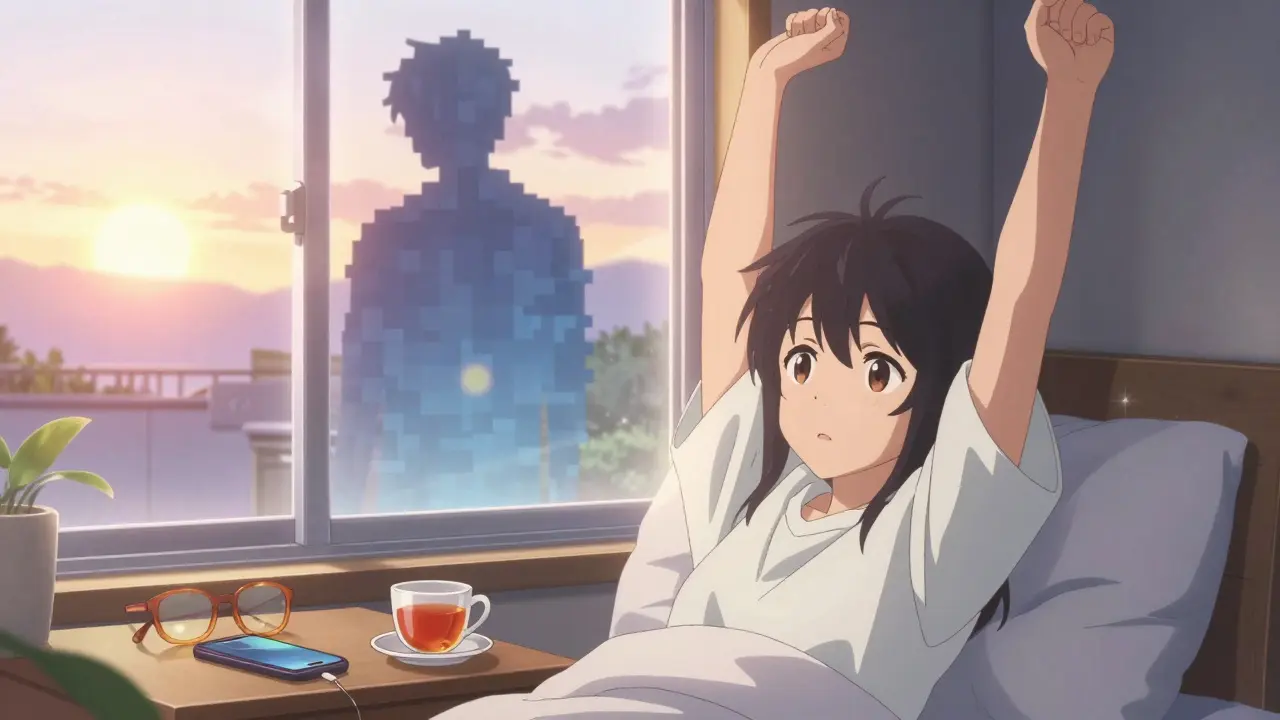 Morning sunlight breaking over a person waking refreshed, with a turned-off phone charging elsewhere and amber glasses nearby.