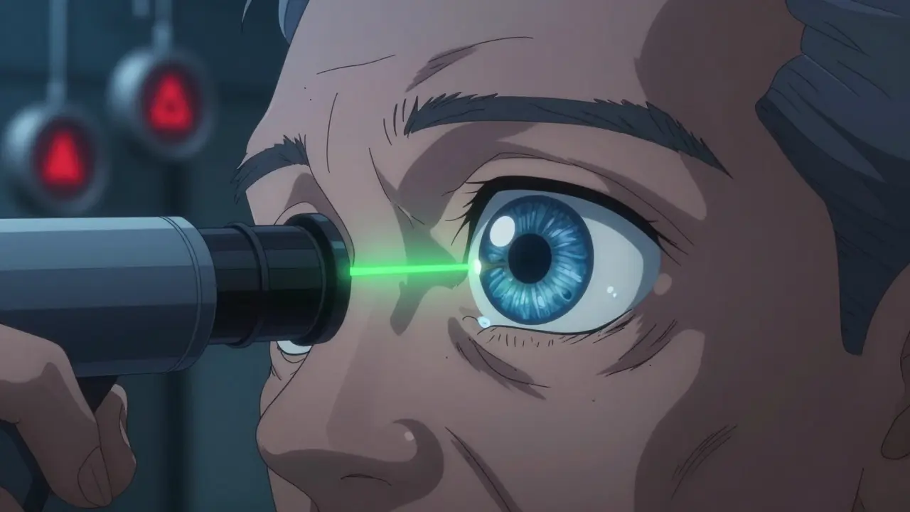 Ophthalmologist performing gonioscopy with glowing laser revealing narrow eye drainage angle